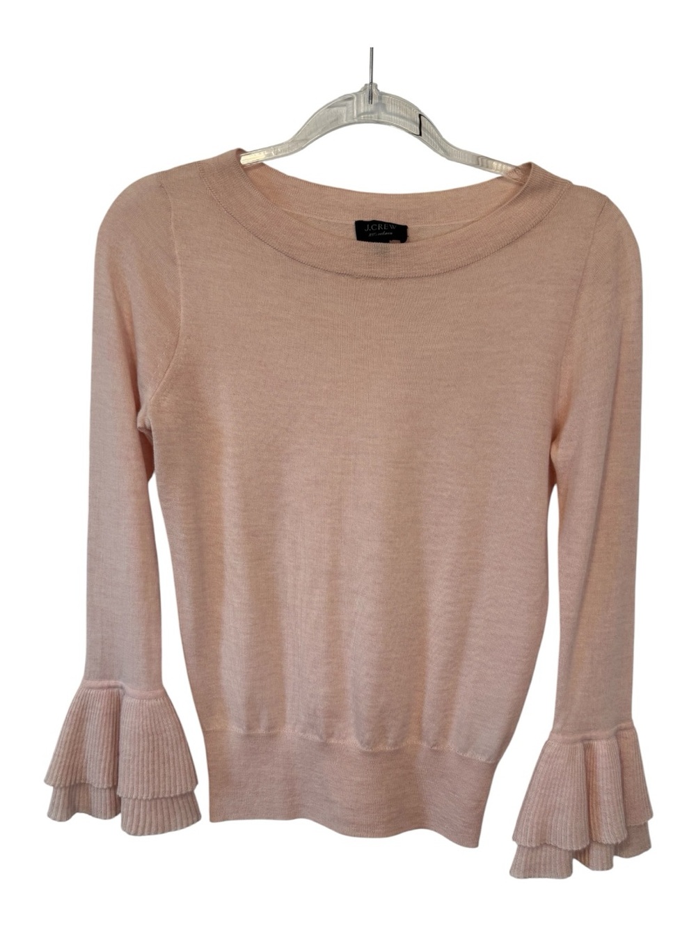 J. Crew Cashmere Blush Pink Ruffle Bell Sleeve Lightweight Sweater Size Small